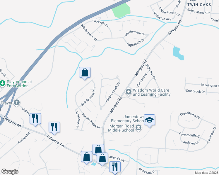 map of restaurants, bars, coffee shops, grocery stores, and more near 4013 Rambling Way in Hephzibah