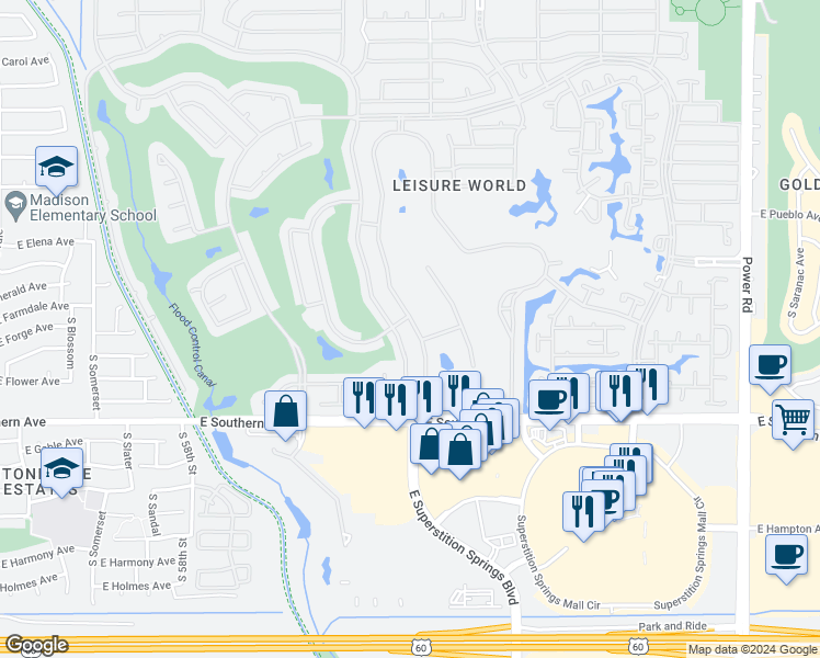 map of restaurants, bars, coffee shops, grocery stores, and more near 1336 Leisure World in Mesa