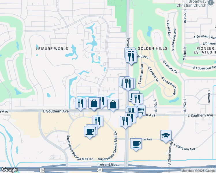 map of restaurants, bars, coffee shops, grocery stores, and more near 99 Leisure World in Mesa
