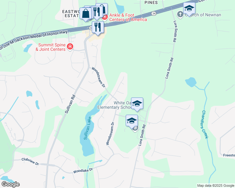 map of restaurants, bars, coffee shops, grocery stores, and more near 5 Meadow Green in Newnan