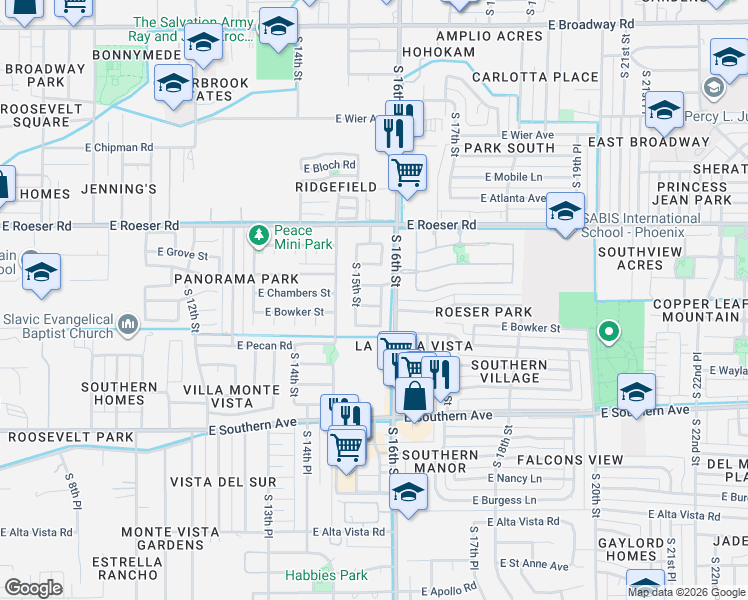 map of restaurants, bars, coffee shops, grocery stores, and more near 1514 East Chambers Street in Phoenix