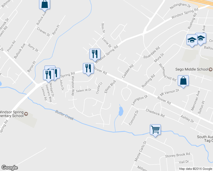 map of restaurants, bars, coffee shops, grocery stores, and more near 3609 Elliott Boulevard in Augusta