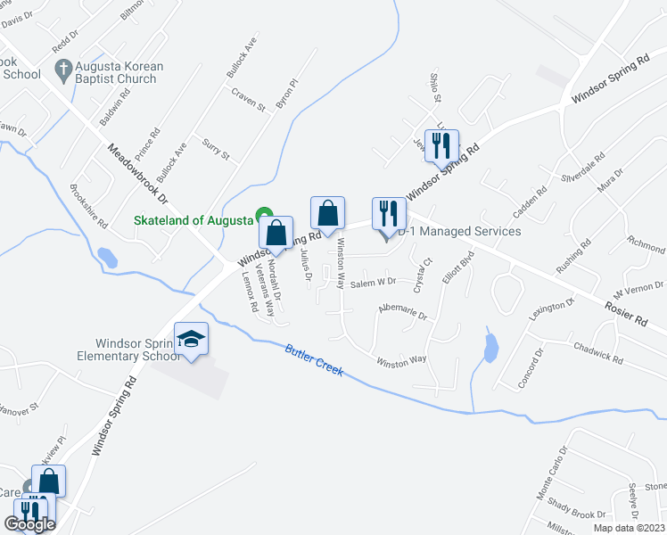 map of restaurants, bars, coffee shops, grocery stores, and more near 2416 Winston Way in Augusta