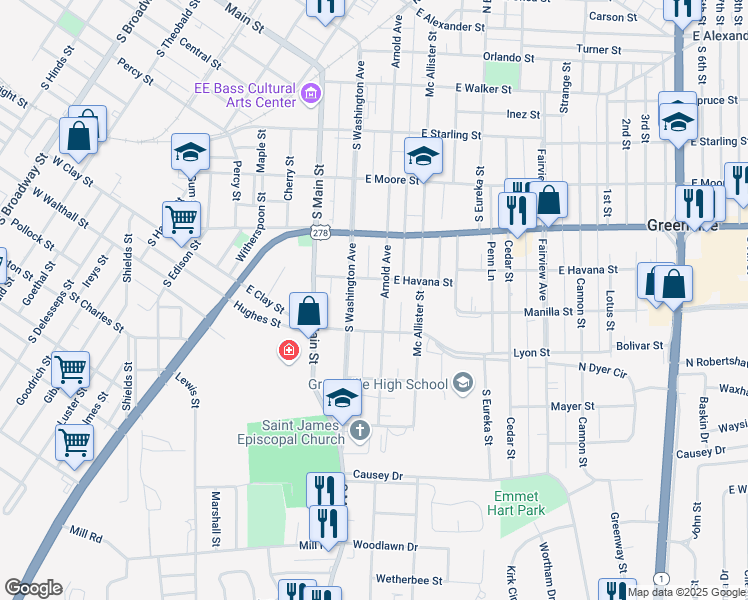 map of restaurants, bars, coffee shops, grocery stores, and more near 704 South Washington Avenue in Greenville