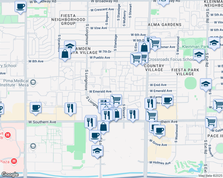 map of restaurants, bars, coffee shops, grocery stores, and more near 1432 West Emerald Avenue in Mesa