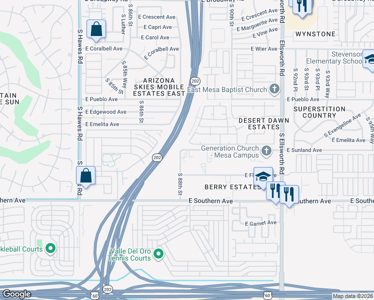 map of restaurants, bars, coffee shops, grocery stores, and more near 8824 East Sunland Avenue in Mesa