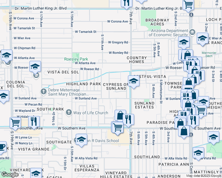 map of restaurants, bars, coffee shops, grocery stores, and more near 5404 South 9th Avenue in Phoenix