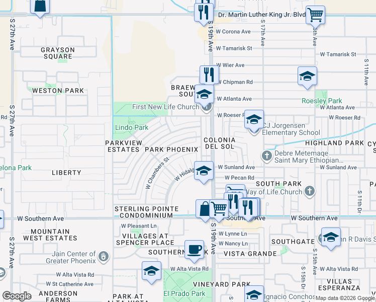 map of restaurants, bars, coffee shops, grocery stores, and more near 2027 West Chambers Street in Phoenix