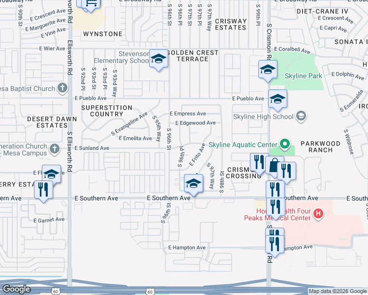 map of restaurants, bars, coffee shops, grocery stores, and more near 946 South 96th Way in Mesa