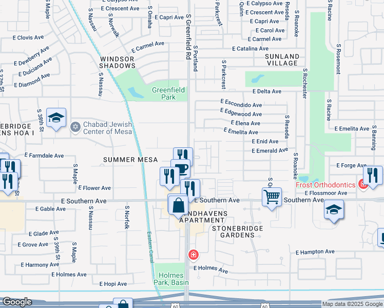map of restaurants, bars, coffee shops, grocery stores, and more near 1021 South Greenfield Road in Mesa