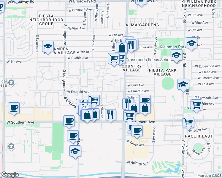 map of restaurants, bars, coffee shops, grocery stores, and more near Villas Mesa III Apartments in Mesa