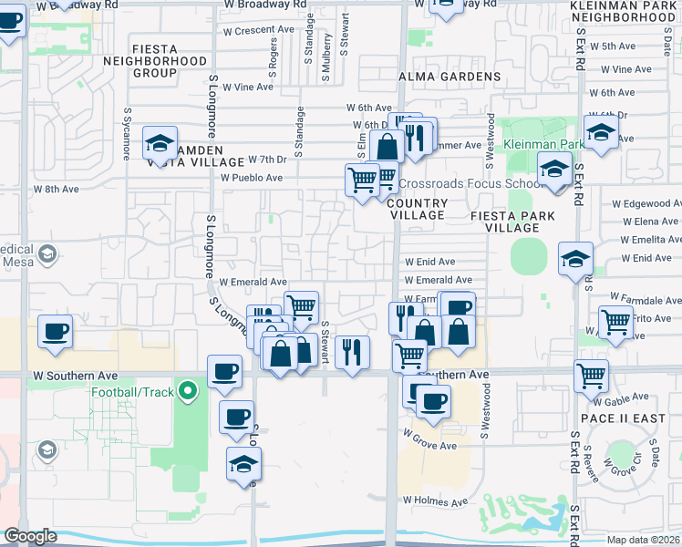map of restaurants, bars, coffee shops, grocery stores, and more near Villas Mesa III Apartments in Mesa