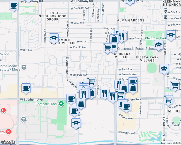 map of restaurants, bars, coffee shops, grocery stores, and more near 1342 West Emerald Avenue in Mesa