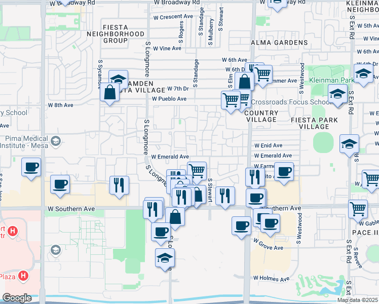 map of restaurants, bars, coffee shops, grocery stores, and more near 1432 West Emerald Avenue in Mesa