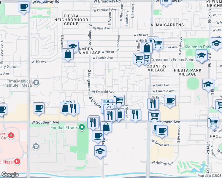 map of restaurants, bars, coffee shops, grocery stores, and more near 1432 West Emerald Avenue in Mesa
