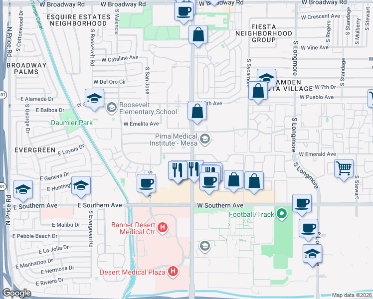map of restaurants, bars, coffee shops, grocery stores, and more near 901 South Dobson Road in Mesa
