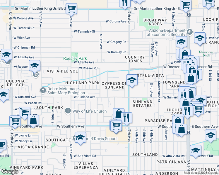 map of restaurants, bars, coffee shops, grocery stores, and more near 5404 South 9th Avenue in Phoenix