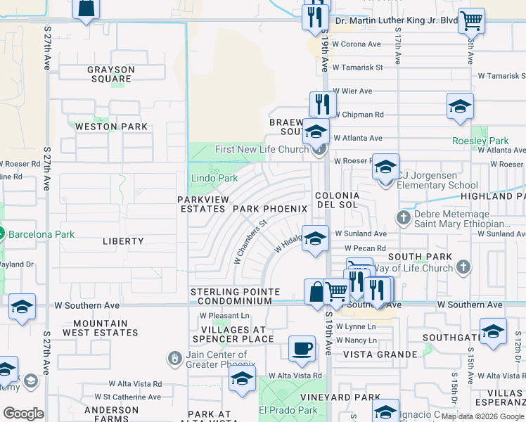 map of restaurants, bars, coffee shops, grocery stores, and more near 2057 West Wayland Drive in Phoenix