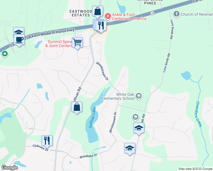 map of restaurants, bars, coffee shops, grocery stores, and more near 75 Woodstream Drive in Newnan