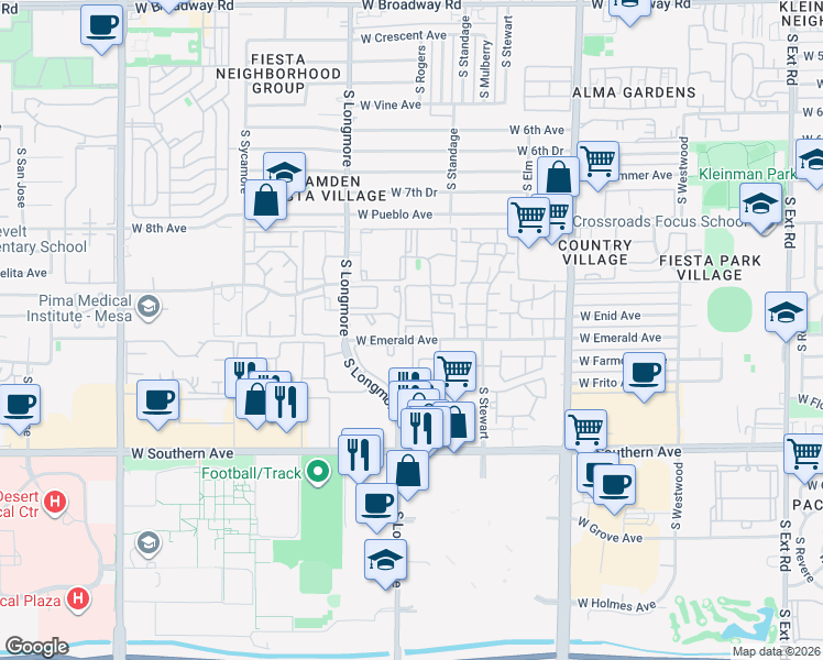 map of restaurants, bars, coffee shops, grocery stores, and more near 949 South Longmore in Mesa