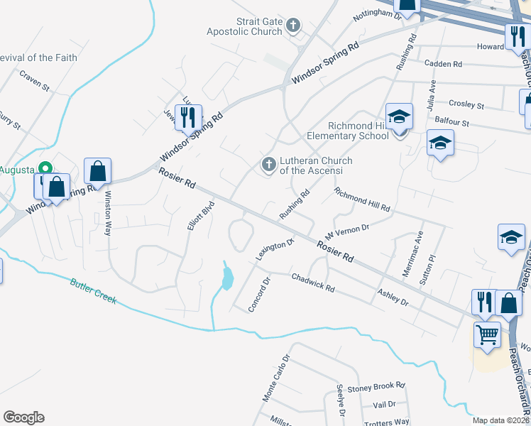 map of restaurants, bars, coffee shops, grocery stores, and more near 2171 Rosier Road in Augusta