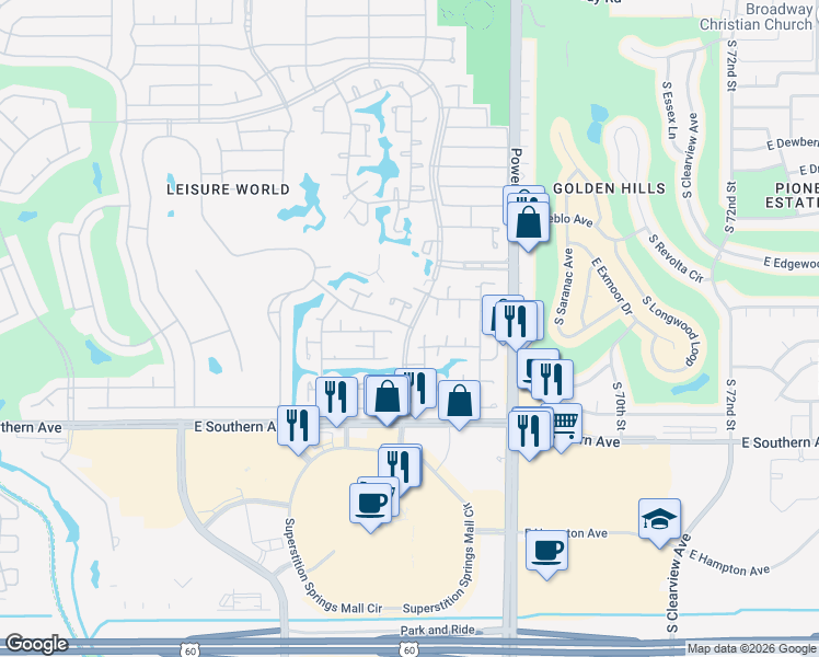 map of restaurants, bars, coffee shops, grocery stores, and more near 242 Leisure World in Mesa