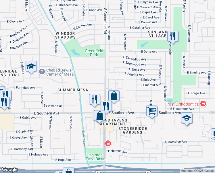 map of restaurants, bars, coffee shops, grocery stores, and more near 1021 South Greenfield Road in Mesa