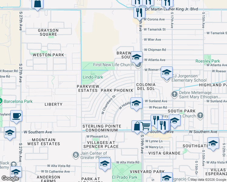 map of restaurants, bars, coffee shops, grocery stores, and more near 2057 West Wayland Drive in Phoenix