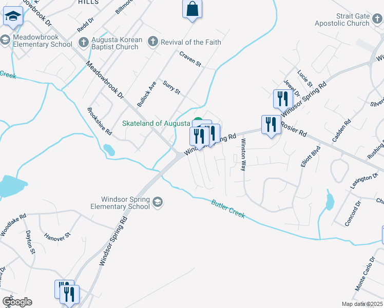 map of restaurants, bars, coffee shops, grocery stores, and more near 2443-2445 Windsor Spring Road in Augusta
