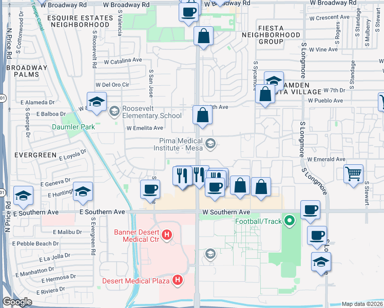 map of restaurants, bars, coffee shops, grocery stores, and more near 901 South Dobson Road in Mesa
