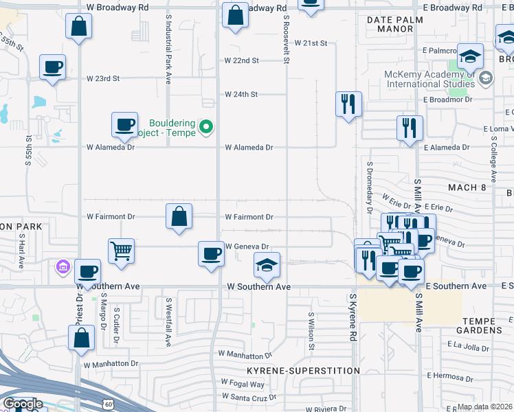 map of restaurants, bars, coffee shops, grocery stores, and more near 800 W Fairmont Dr in Tempe