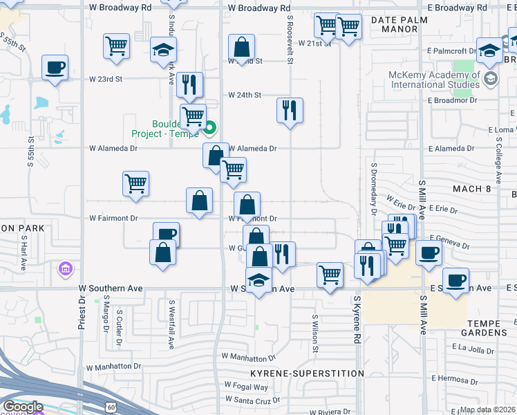 map of restaurants, bars, coffee shops, grocery stores, and more near 800 West Fairmont Drive in Tempe