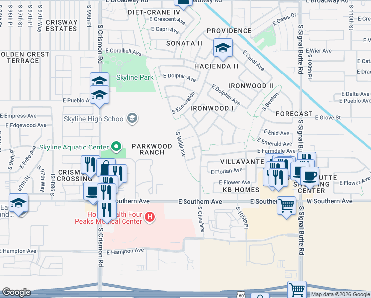 map of restaurants, bars, coffee shops, grocery stores, and more near 10346 East Emerald Avenue in Mesa