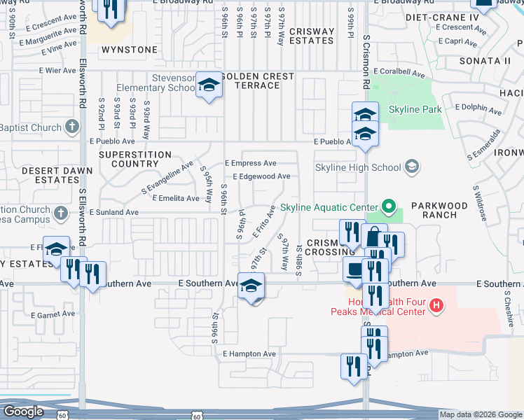 map of restaurants, bars, coffee shops, grocery stores, and more near 946 South 96th Way in Mesa