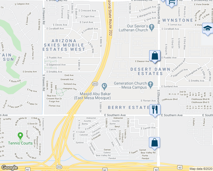 map of restaurants, bars, coffee shops, grocery stores, and more near 8824-8954 East Sunland Avenue in Mesa