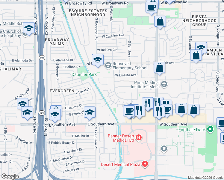 map of restaurants, bars, coffee shops, grocery stores, and more near 2262 West Enid Avenue in Mesa