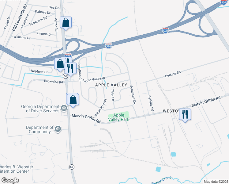 map of restaurants, bars, coffee shops, grocery stores, and more near 1629 Cider Court in Augusta