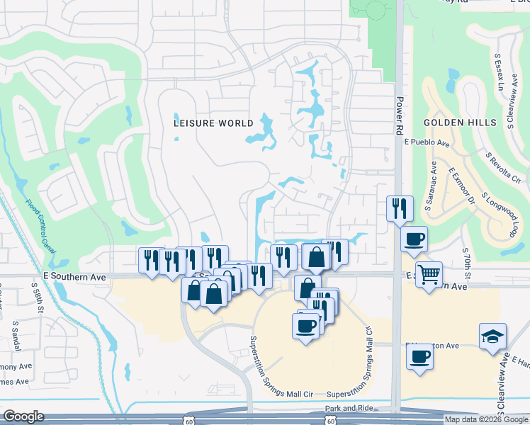 map of restaurants, bars, coffee shops, grocery stores, and more near 374 Leisure World in Mesa