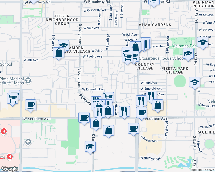 map of restaurants, bars, coffee shops, grocery stores, and more near 1342 West Emerald Avenue in Mesa