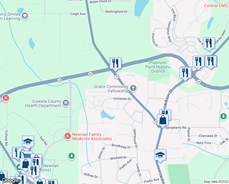 map of restaurants, bars, coffee shops, grocery stores, and more near 16 Overby Park Drive in Newnan