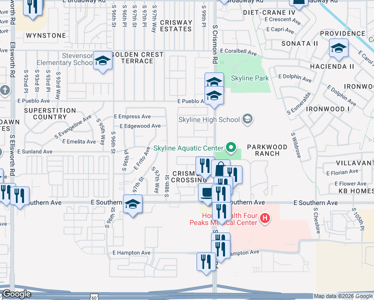map of restaurants, bars, coffee shops, grocery stores, and more near 9852 East El Moro Avenue in Mesa