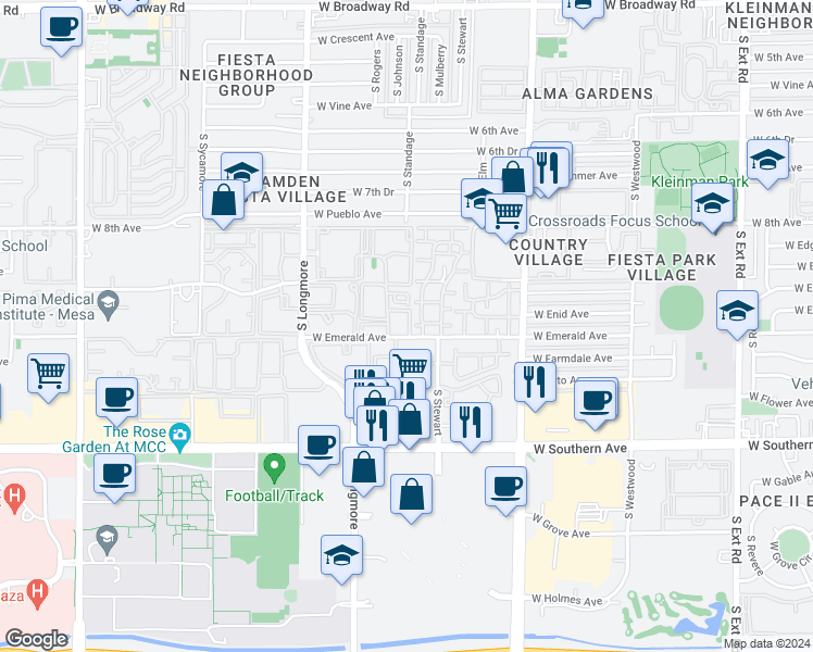 map of restaurants, bars, coffee shops, grocery stores, and more near 1342 West Emerald Avenue in Mesa
