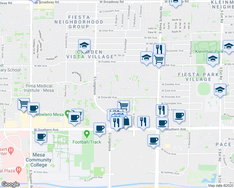 map of restaurants, bars, coffee shops, grocery stores, and more near 1432 West Emerald Avenue in Mesa