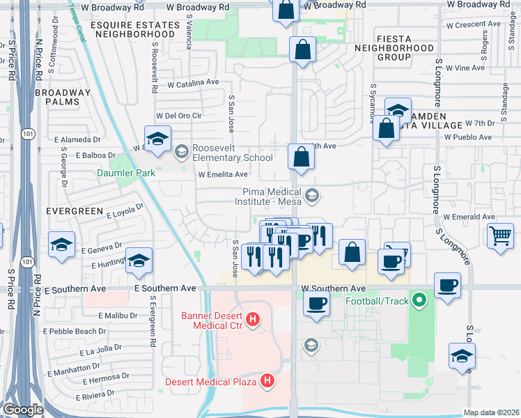 map of restaurants, bars, coffee shops, grocery stores, and more near 930 South Dobson Road in Mesa