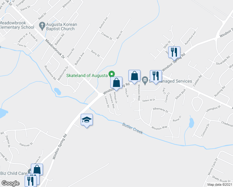 map of restaurants, bars, coffee shops, grocery stores, and more near 2450 Windsor Spring Road in Augusta