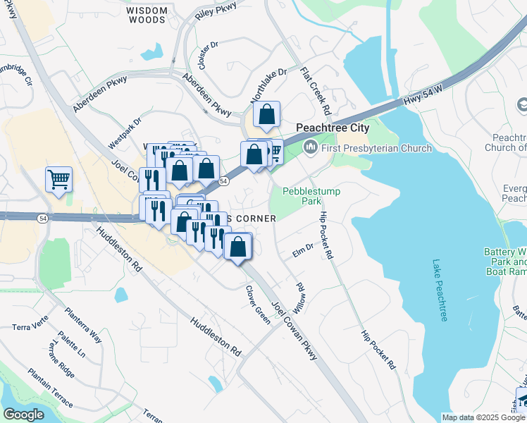 map of restaurants, bars, coffee shops, grocery stores, and more near 281 Twiggs Corners in Peachtree City