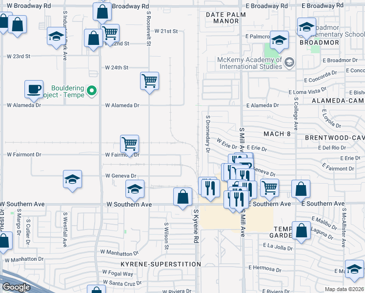 map of restaurants, bars, coffee shops, grocery stores, and more near 402 W Fairmont Dr in Tempe