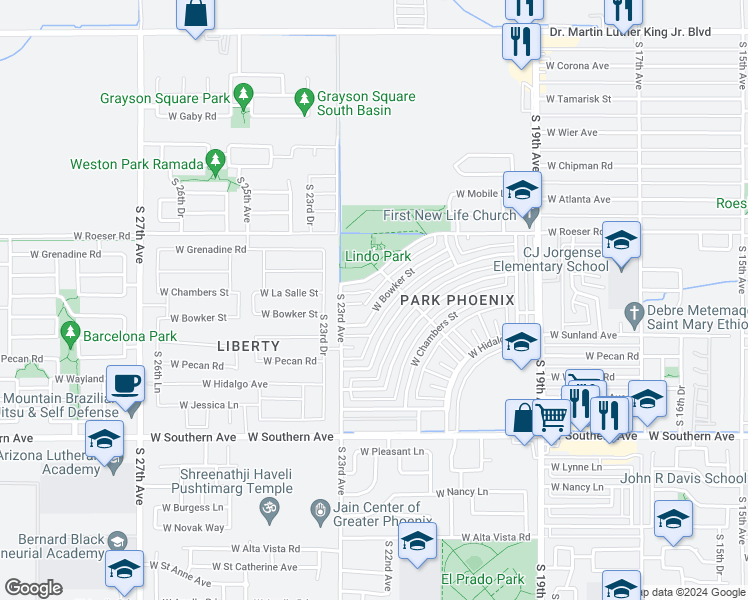 map of restaurants, bars, coffee shops, grocery stores, and more near 2222 West Bowker Street in Phoenix