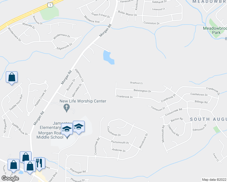 map of restaurants, bars, coffee shops, grocery stores, and more near 2830 Cranbrook Drive in Hephzibah