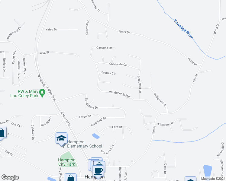 map of restaurants, bars, coffee shops, grocery stores, and more near 220 Windpher Ridge in Hampton